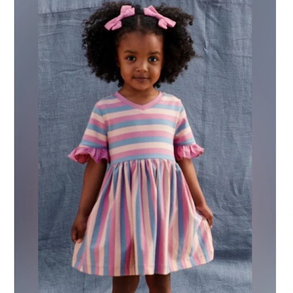 Matilda Jane Girls Emery Pink Blue Striped Ruffle Sleeve Dress Size 10 32005D